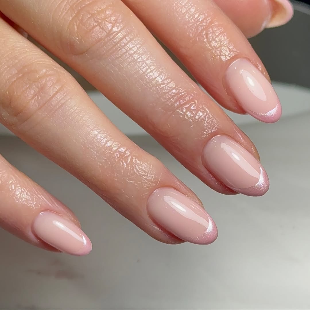 Neutral nude gel manicure, glossy and clean